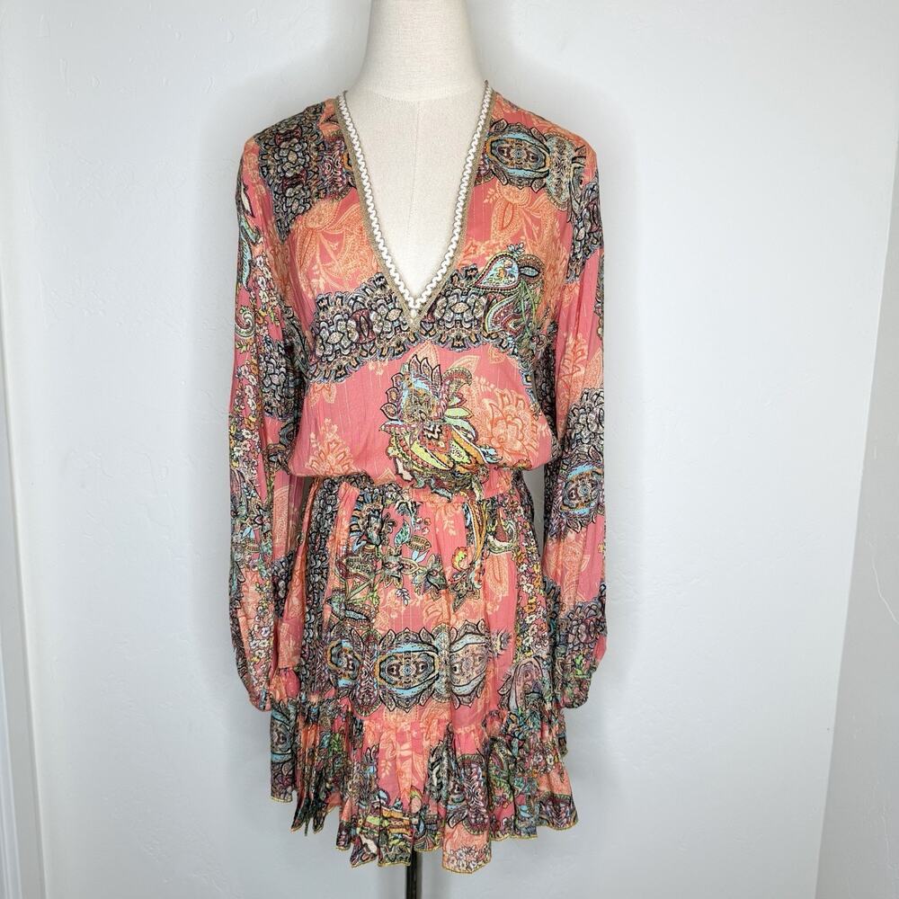 Luli Fama Seashell Jewel Deep V Mini Dress Womens Medium Pink Paisley